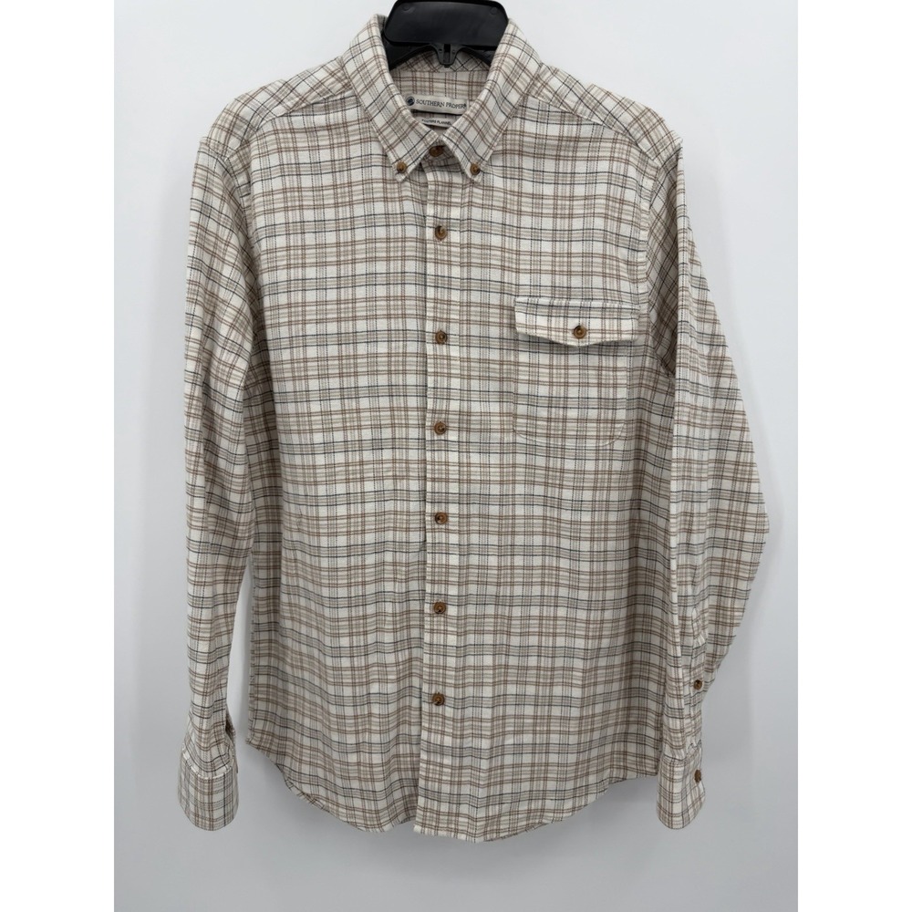 Southern Proper Fosters Flannel Men's Tan Navy‎ Plaid Size Medium Soft